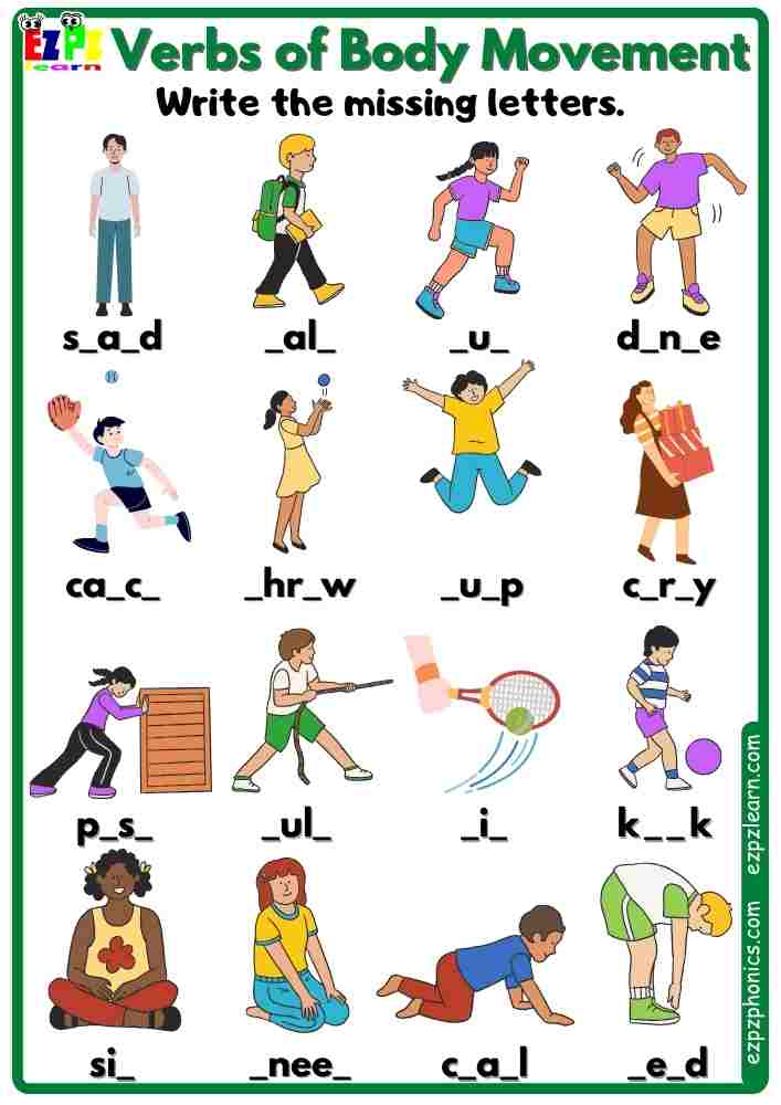 Verbs Of Body Movement Vocabulary Write The Missing Letters Activity